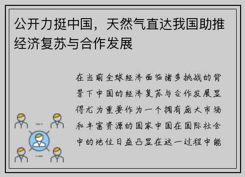 公开力挺中国，天然气直达我国助推经济复苏与合作发展