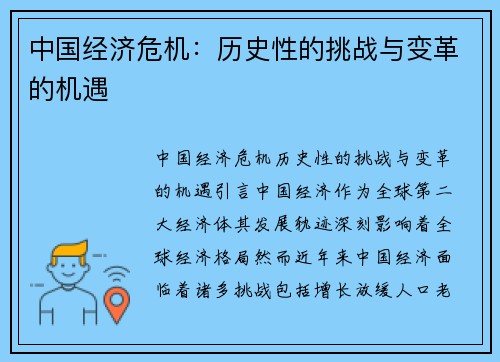 中国经济危机：历史性的挑战与变革的机遇