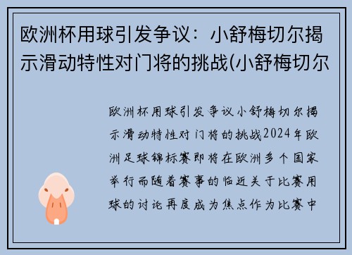 欧洲杯用球引发争议：小舒梅切尔揭示滑动特性对门将的挑战(小舒梅切尔扑出莫德里奇点球)