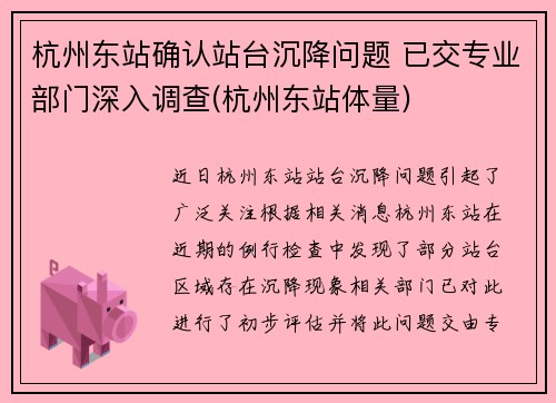 杭州东站确认站台沉降问题 已交专业部门深入调查(杭州东站体量)