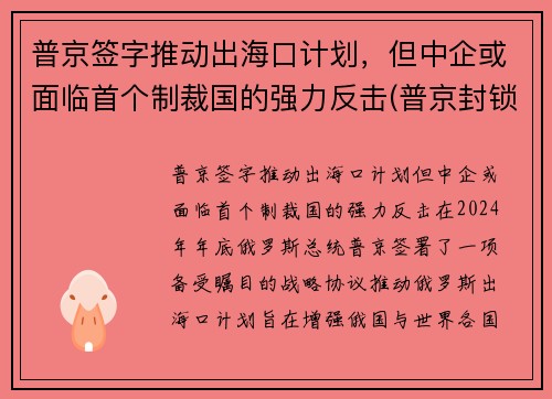 普京签字推动出海口计划，但中企或面临首个制裁国的强力反击(普京封锁海峡)