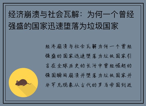 经济崩溃与社会瓦解：为何一个曾经强盛的国家迅速堕落为垃圾国家