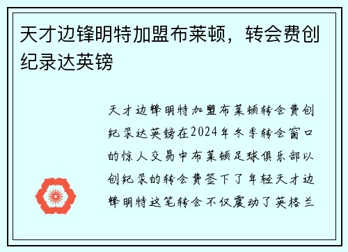 天才边锋明特加盟布莱顿，转会费创纪录达英镑