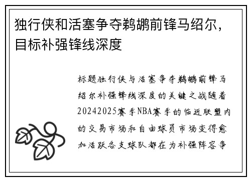 独行侠和活塞争夺鹈鹕前锋马绍尔，目标补强锋线深度