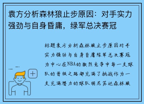 袁方分析森林狼止步原因：对手实力强劲与自身昏庸，绿军总决赛冠