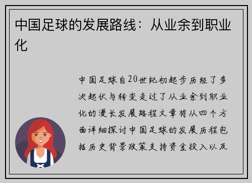中国足球的发展路线：从业余到职业化