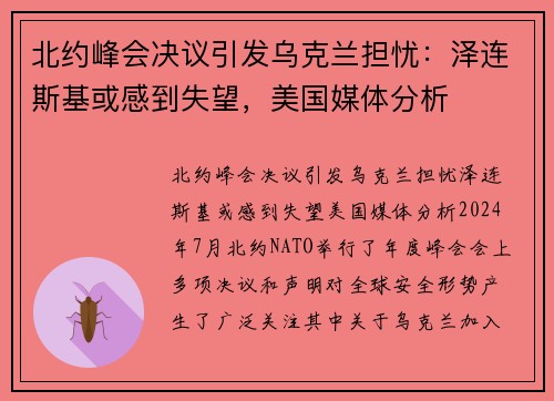 北约峰会决议引发乌克兰担忧：泽连斯基或感到失望，美国媒体分析